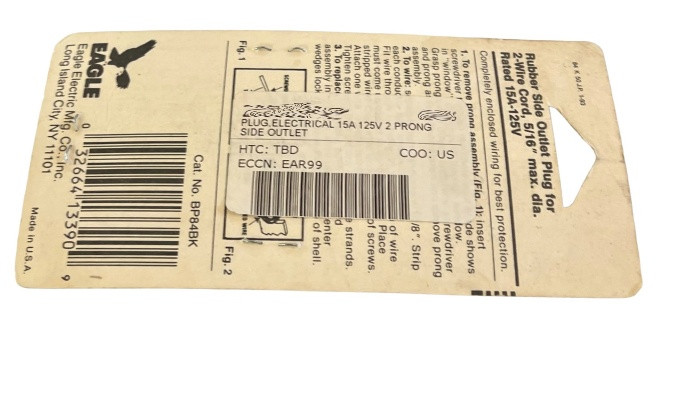 EATON COOPER WIRING BP84BK-SP PLUG,ELECTRICAL 15A 125V 2 PRONG SIDE OUTLET