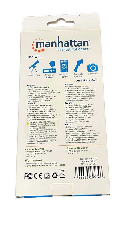 MANHATTAN PRODUCTS 205146 CONVERTER CABLE USB TO SERIAL