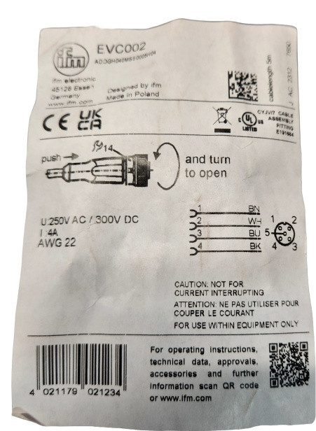IFM EFECTOR EVC002 PROXIMITY SWITCH CABLE 4-WIRE CONNECTOR