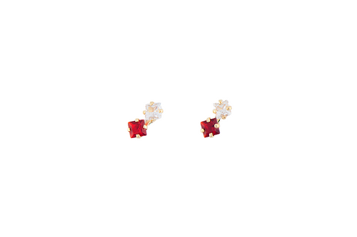 10K SQUARE TWIN STUD EARRING WITH WHITE AND RED ZIRCONIA