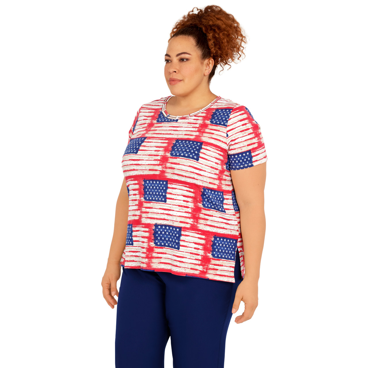 Plus Women's Double Strap Flag Print Top