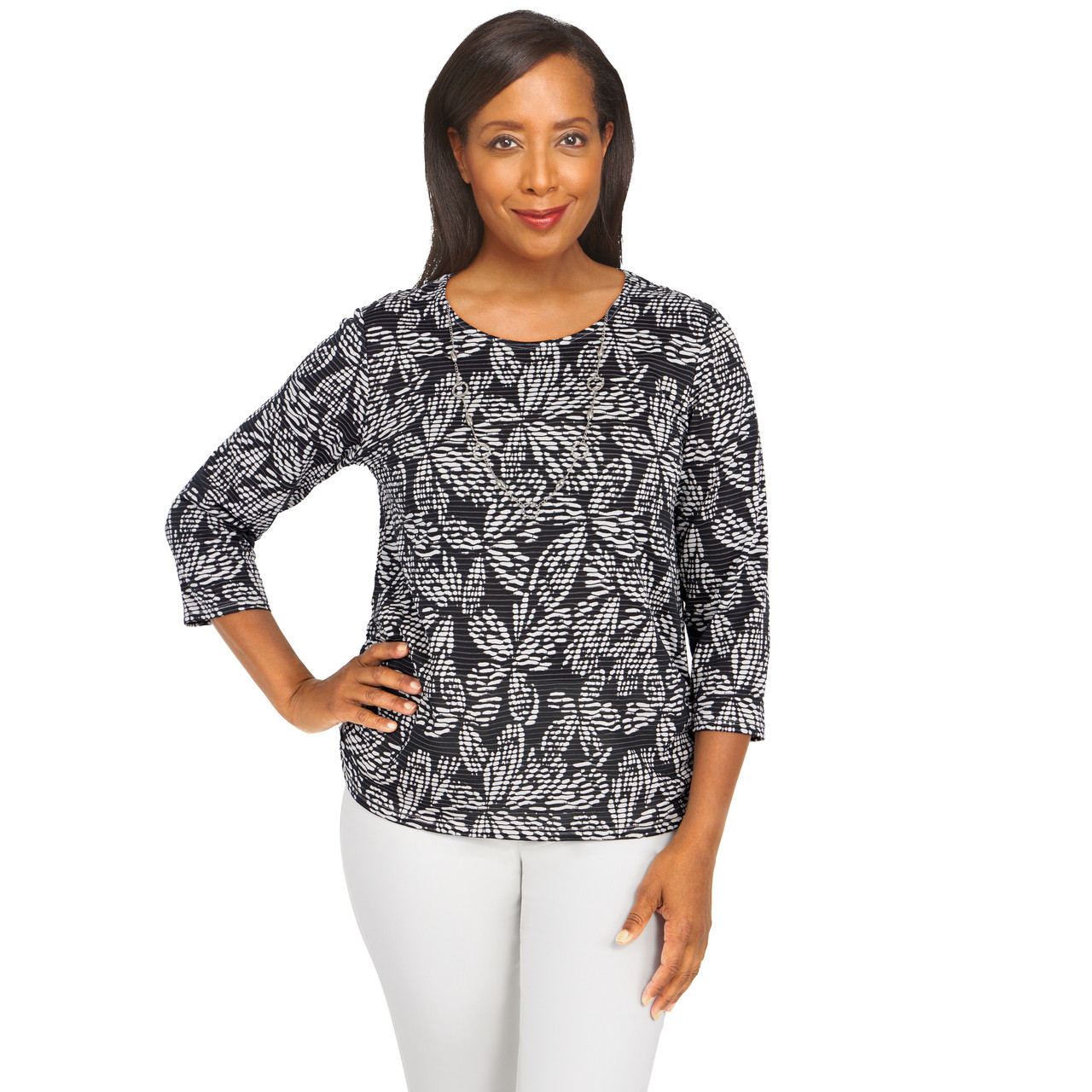 Women's Floral Jacquard Butterfly Knit Top With Necklace