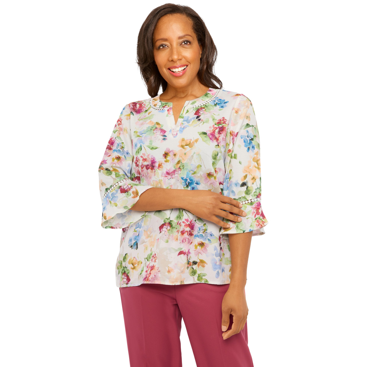 Women's Split Neck Floral Lace Trim Top | Alfred Dunner