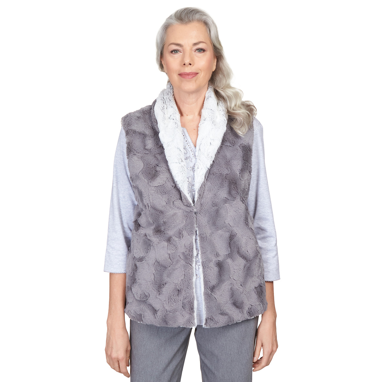 Petite Women's Reversible Collared Vegan Fur Vest | Alfred Dunner