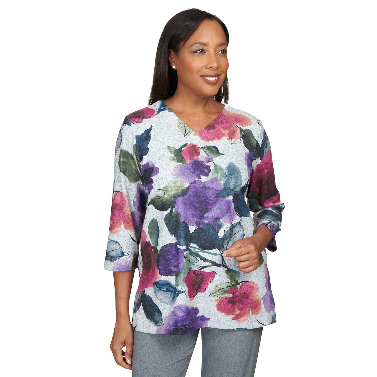 Petite Women's Moody V-Neck Watercolor Floral Top