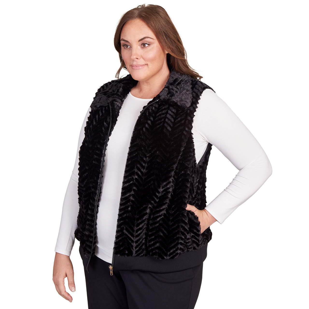 Women's Black Faux Fur Zip Vest with Knit Back