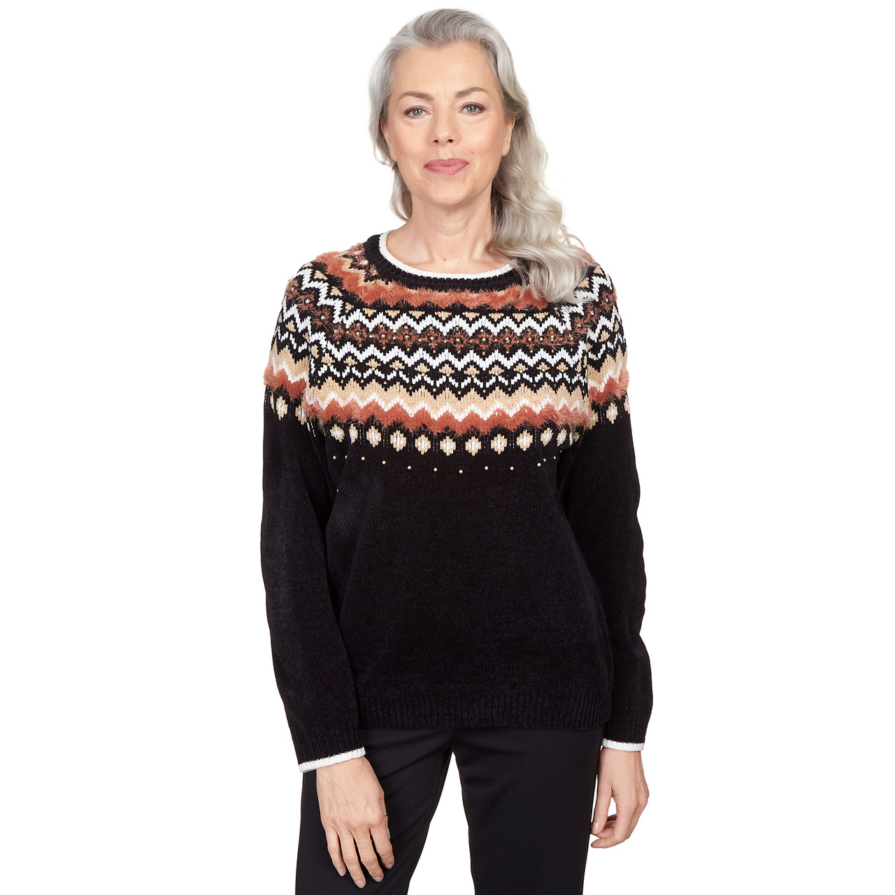 Petite Women's Black Cozy Fair Isle Crewneck Sweater | Alfred Dunner