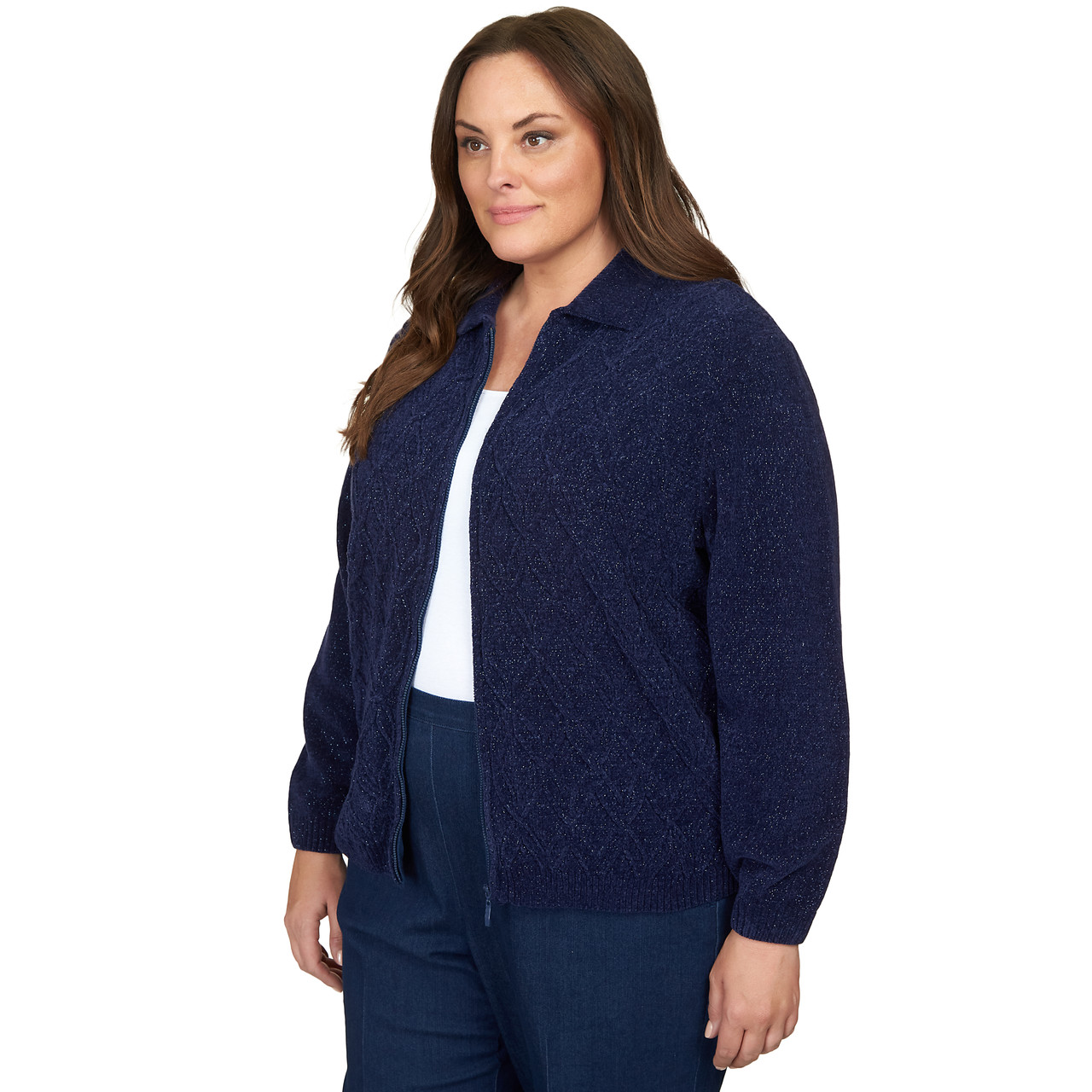 Plus Women's Chenille Metallic Zip Front Cardigan | Alfred Dunner