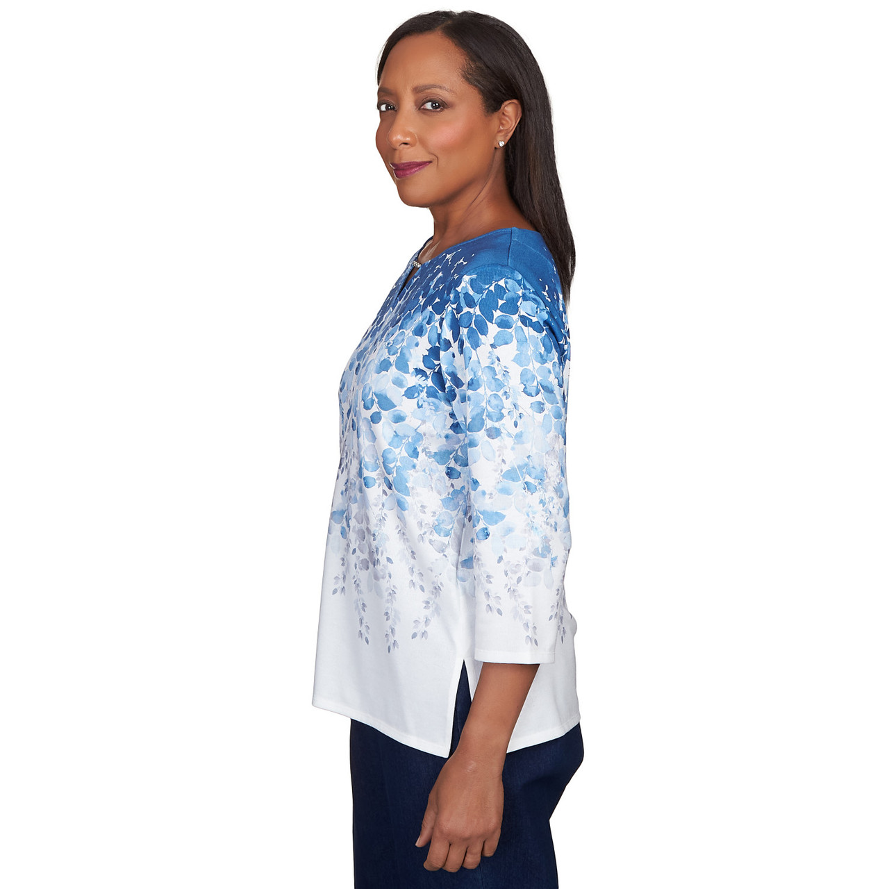 Petite Women's Cascading Leaves Split Neck Top | Alfred Dunner