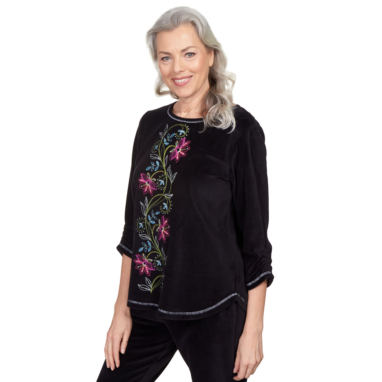 Petite Women's Center Floral Embroidered Velour Shirttail Top