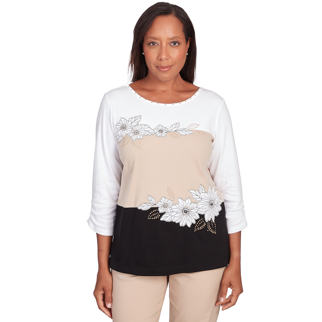 Petite Women's Blocked Floral Embroidery Top | Alfred Dunner