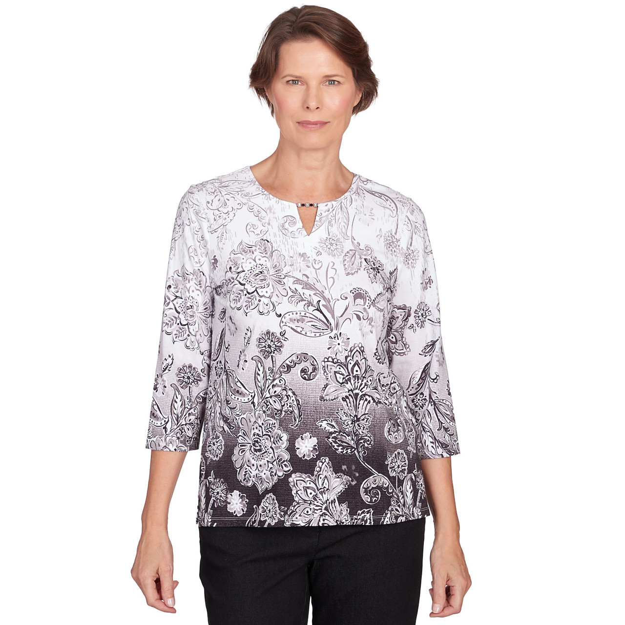 Women's Ombre Scroll Floral Split Neck Top | Alfred Dunner