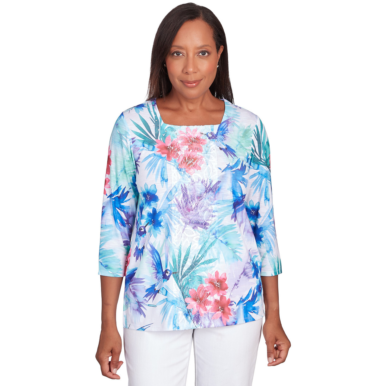Women's Tropical Birds Lace Paneled Top | Alfred Dunner