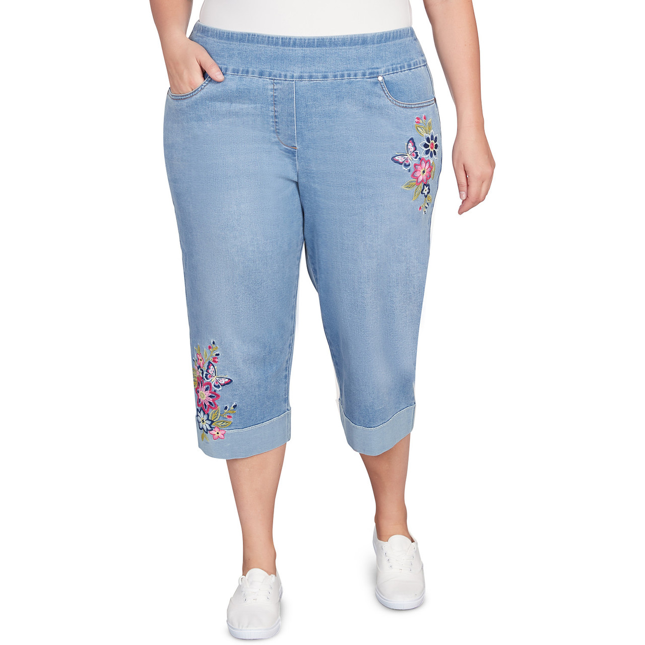 Plus Women's Butterfly Embroidered Denim Capri Pant