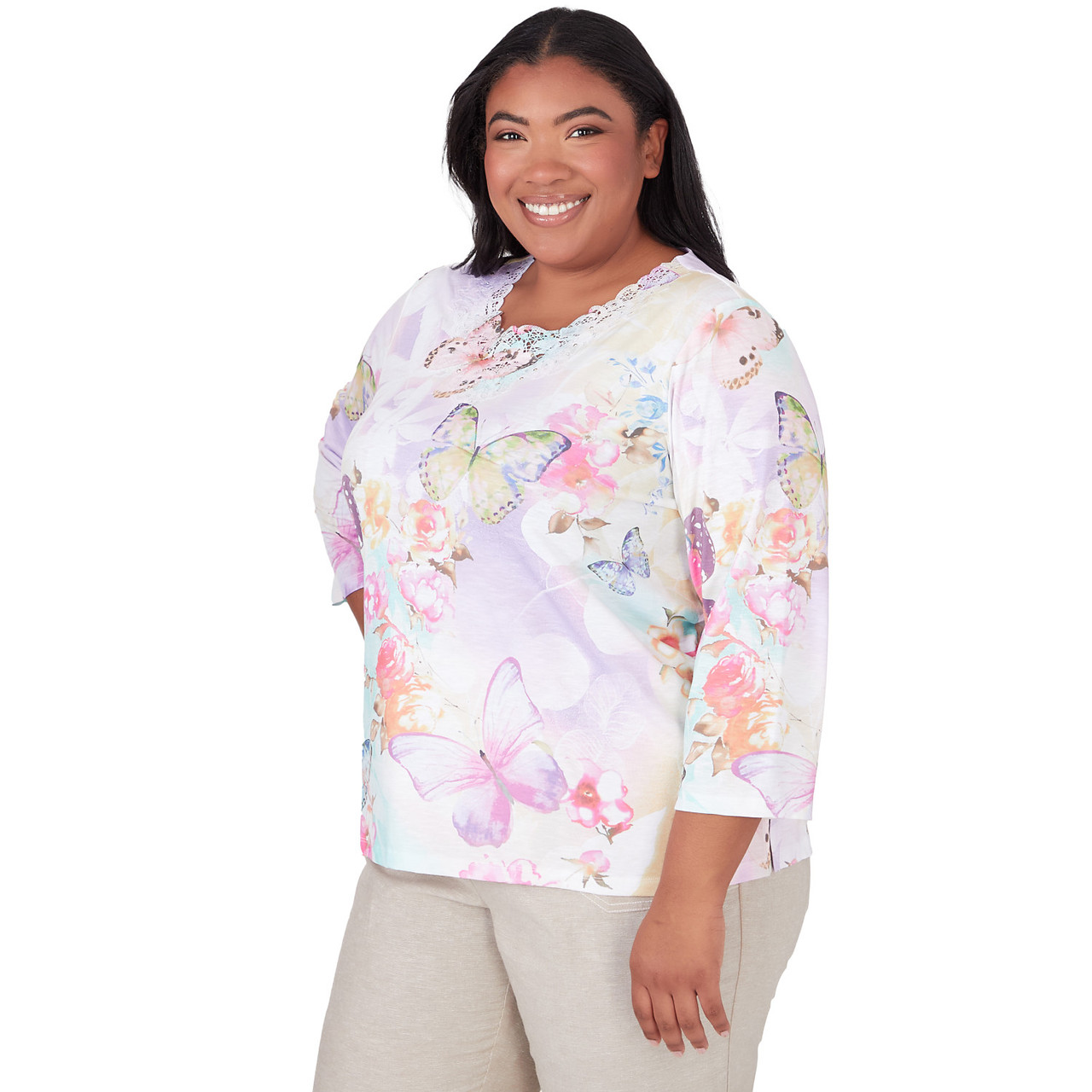 Plus Women's Three Quarter Sleeve Butterfly Top | Alfred Dunner