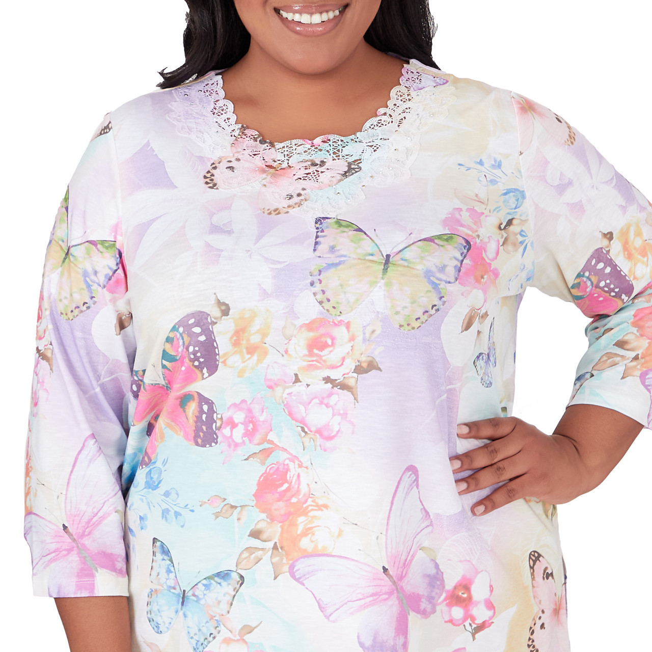 Plus Women's Three Quarter Sleeve Butterfly Top | Alfred Dunner