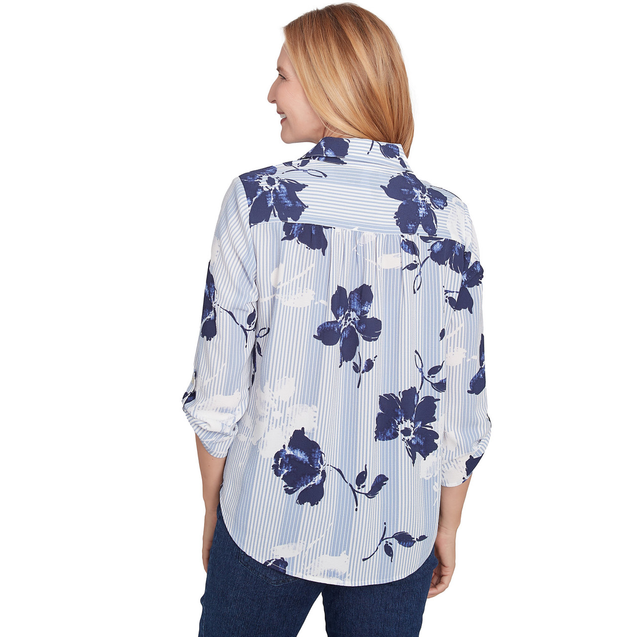 FLORAL STRIPE PATTERN FRONT TIE PUFF SLEEVE BLOUSE