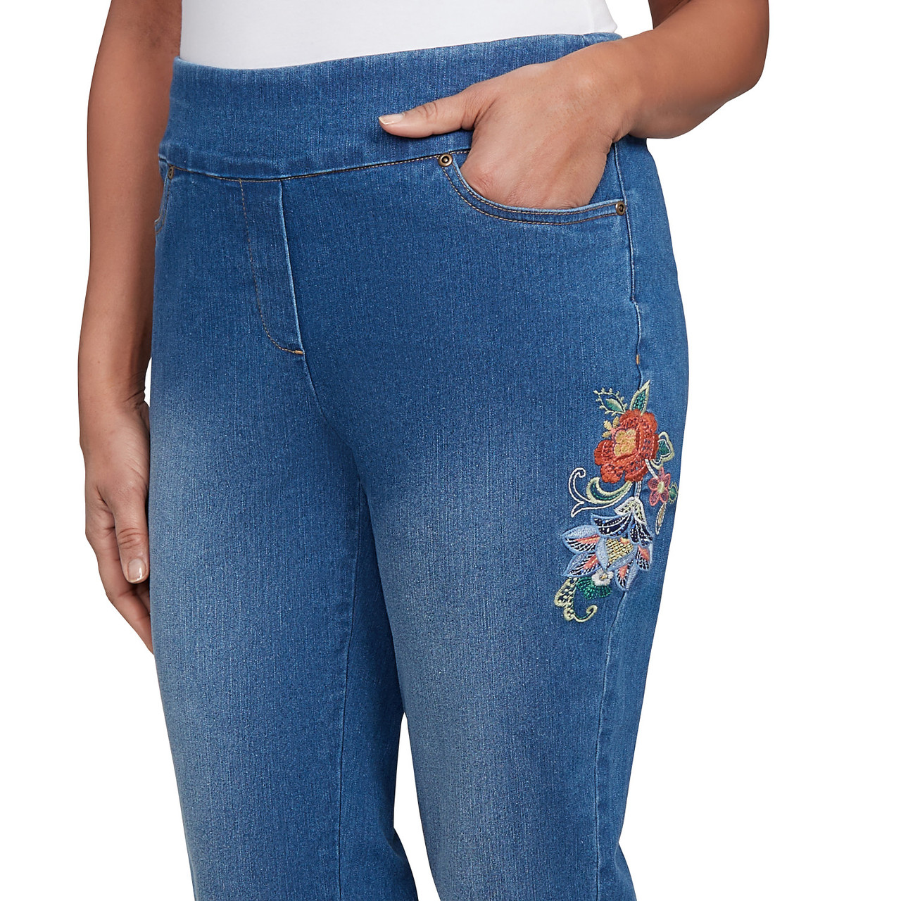 Petite Women's Floral Vine Embroidered Denim Ankle Pant Alfred