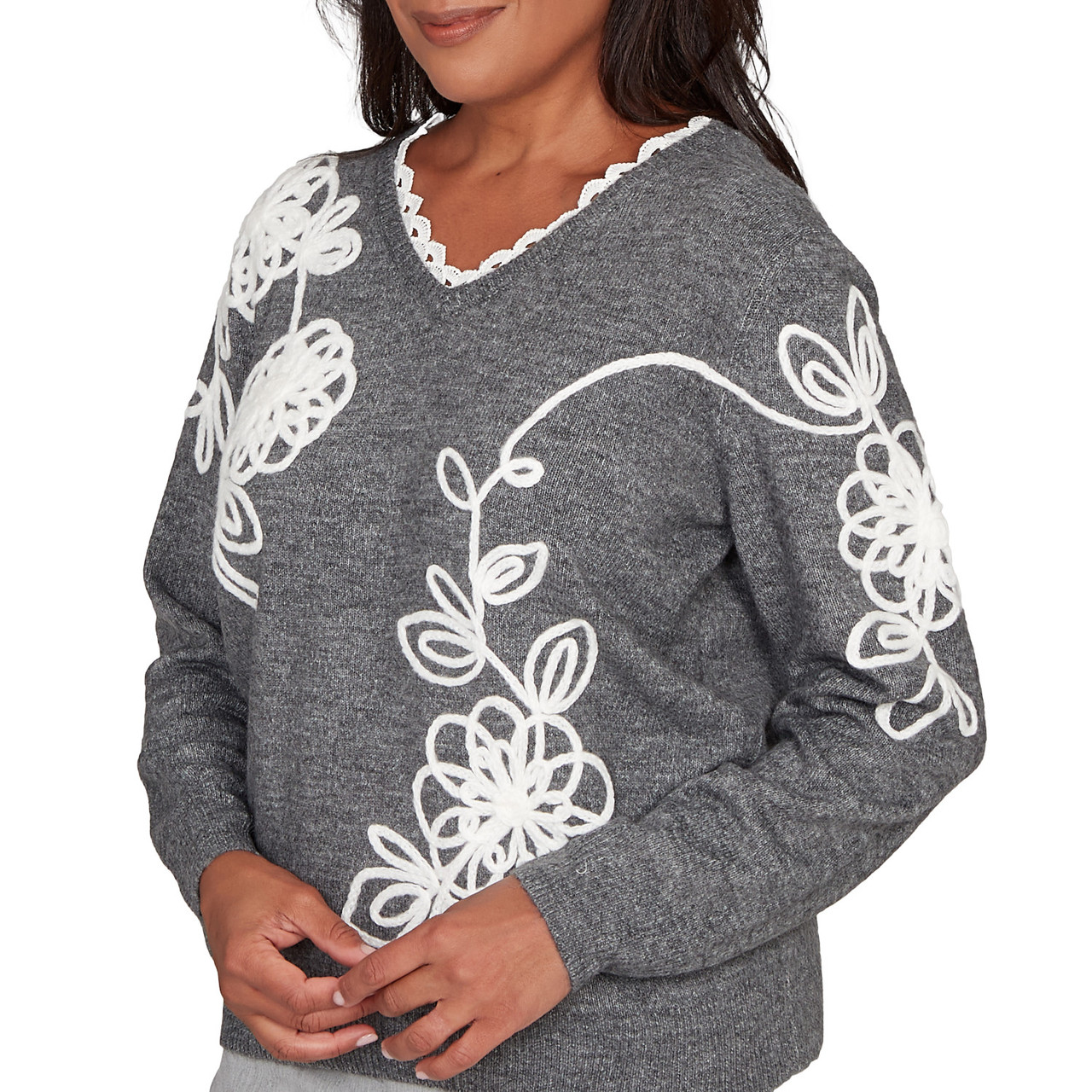 Women's Ruffle V-Neck Floral Soutache Sweater | Alfred Dunner