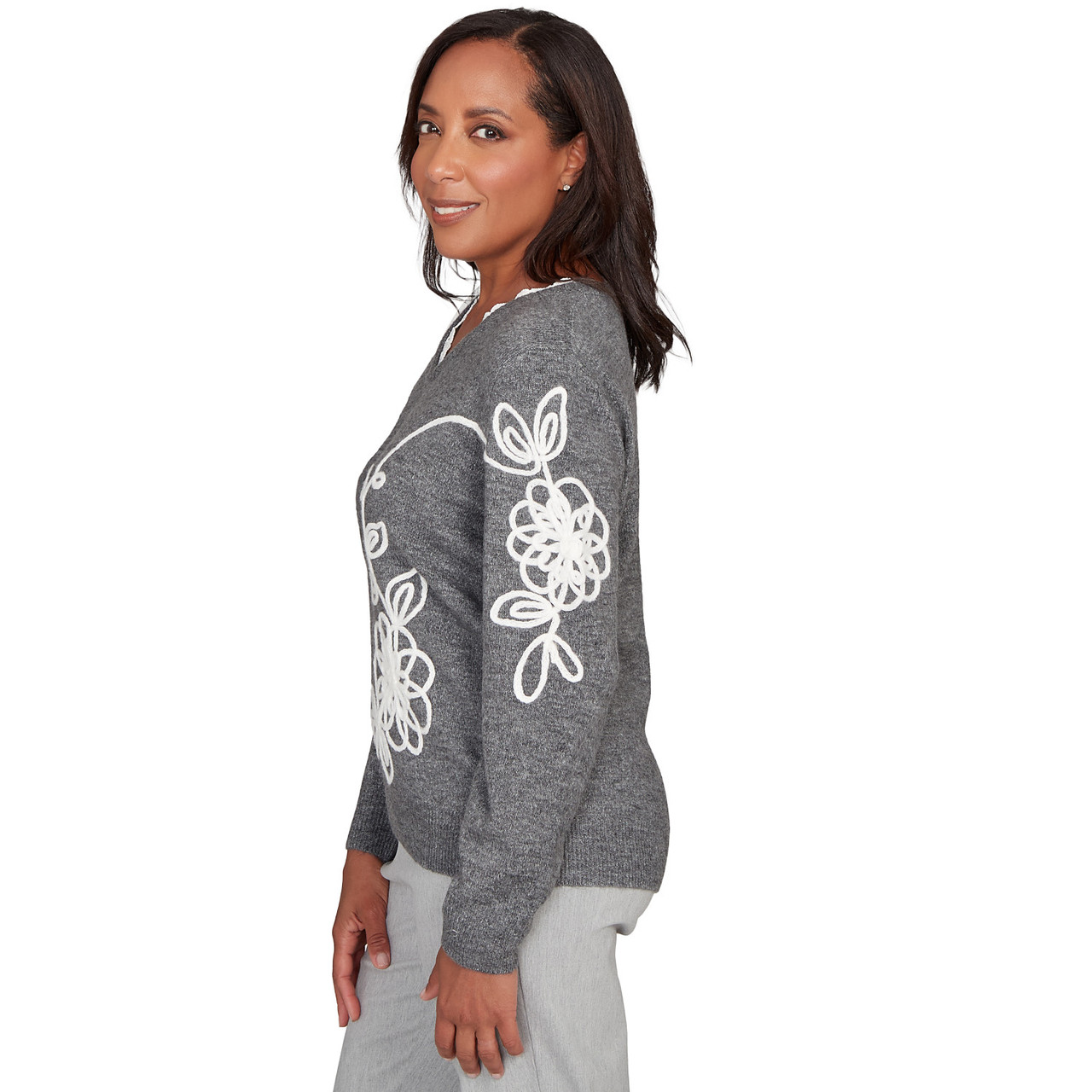 Women's Ruffle V-Neck Floral Soutache Sweater | Alfred Dunner