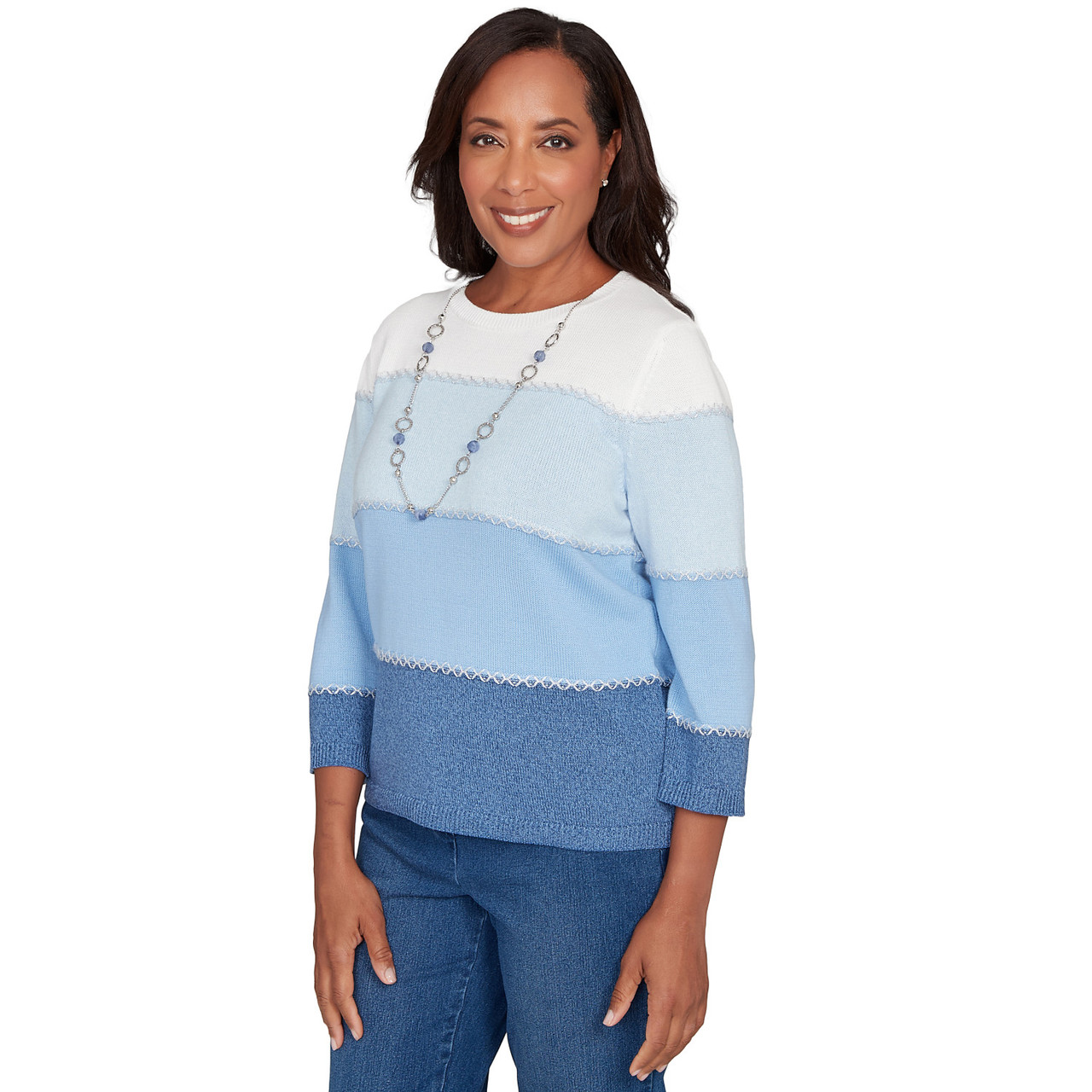 Chandail Alfred Dunner Femme L - Bleu Bronzé Blanc Zigzag - Manches 3/4 USA