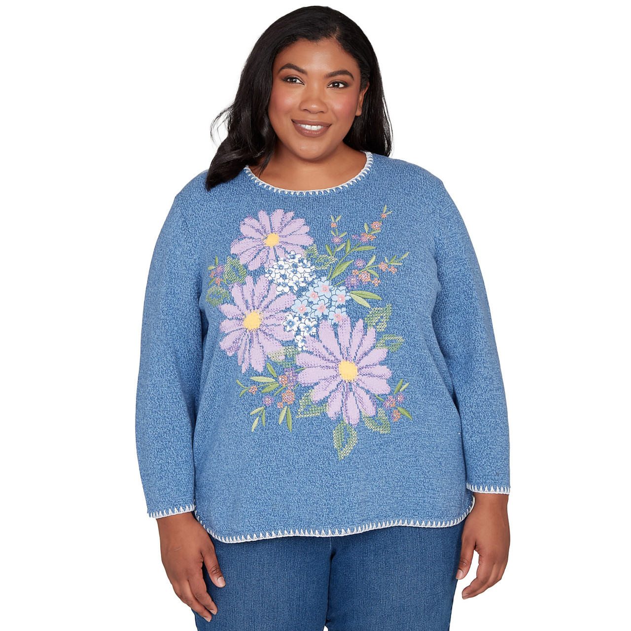 Plus Women's Cross Stitched Floral Pullover Sweater | Alfred Dunner