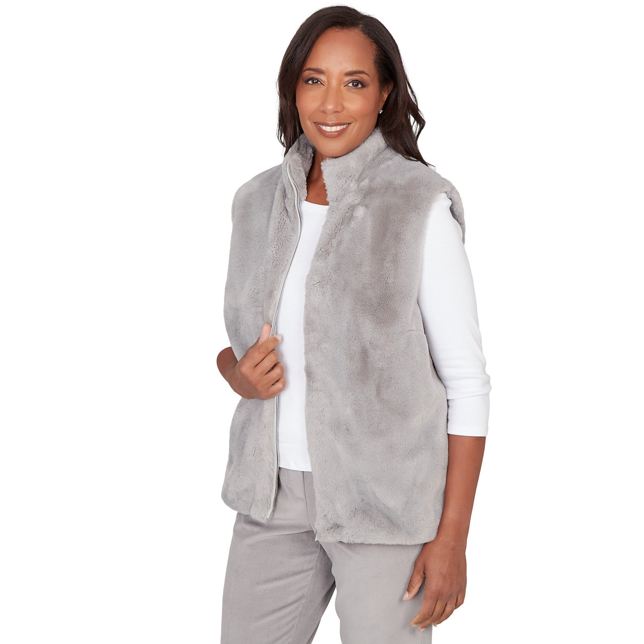 Petite Women's Plush Faux Fur Zip Front Vest | Alfred Dunner