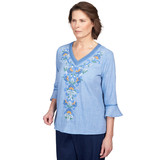 Petite Women's Scroll Center Embroidery V-Neck Top | Blue | Angle