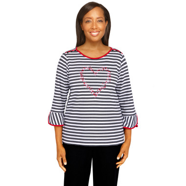 Women's Embroidered Heart Striped Top