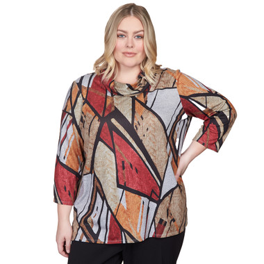Plus Women's Glass Shards Patchwork Cowl Neck Top