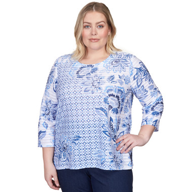 Plus Women's Geo Floral Printed Ruffle Top