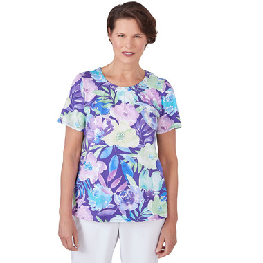 Women's Pleated Neck Floral Short Sleeve Tee