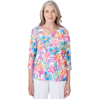 Petite Women's Floral & Butterfly Pleated Ruffle Top