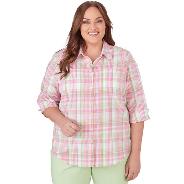 Plus Women's Button Down Plaid Blouse