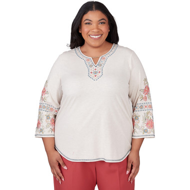 Plus Women's Sedona Split Neck Embroidered Top