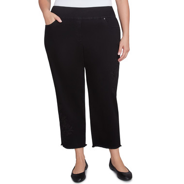 BLACK Plus Women's Embroidered Floral Denim Fringe Ankle Pant