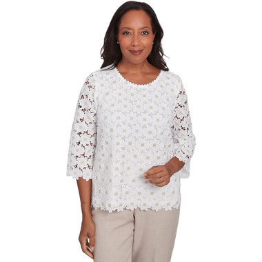 IVORY Petite Women's Daisy Woven Lace Crew Neck Top