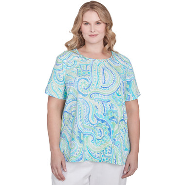 MULTI BLUE Plus Women's Pleated Crew Neck Paisley Top