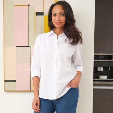 WHITE Petite Women's Pearl Studded Button Down Top