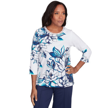 MARINE MULTI Petite Women's Fineline Floral Three Quarter Sleeve Top