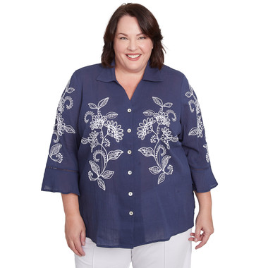 MARINE BLUE Plus Women's Embroidered Marine Button Front Top