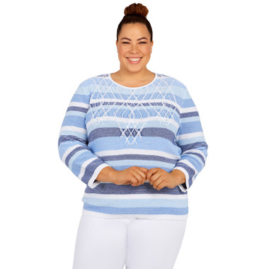 Plus Womens Crewneck 3/4 Sleeve Stripe Sweater