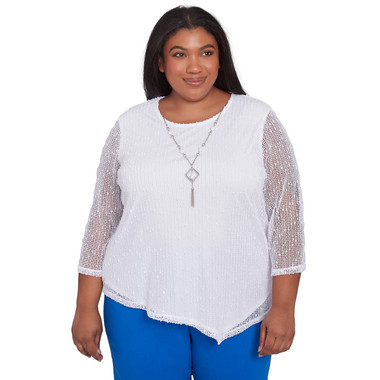 WHITE Plus Women's Popcorn Mesh Top With Necklace