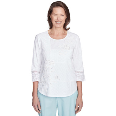 WHITE Petite Women's Lace Patchwork Embellished Sleeve Top