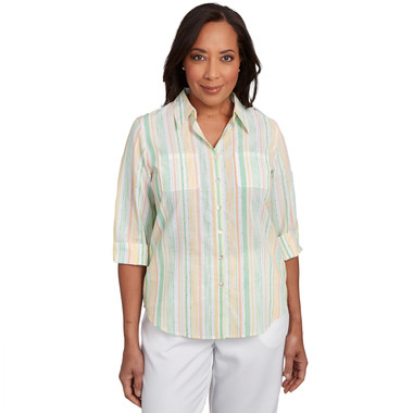 LIME MULTI Petite Women's Sunny Stripes Button Down Top
