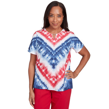 MULTI RED Petite Women's Tie Dye American Chevron Tee