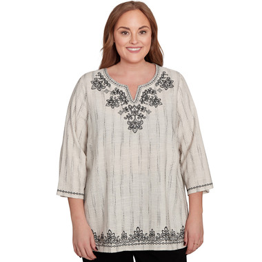 BLACK MULTI Plus Women's Textured Medallion Embroidered Top