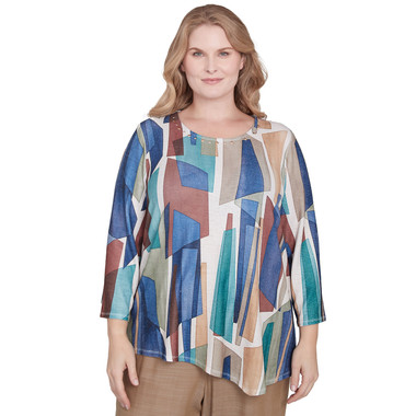 NAVY MULTI Plus Women's Abstract Stained Glass Crew Neck Top