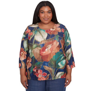 NAVY MULTI Plus Women's Dramatic Summer Floral Top With Necklace