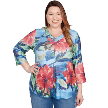 BLUE MULTI Plus Women's Dramatic V-Neck Floral Top